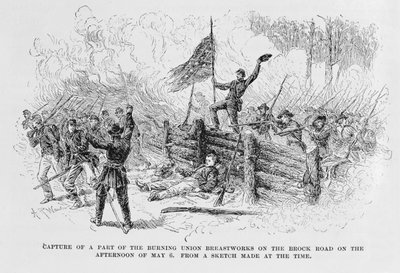 Capture of a part of the burning union breastworks on the Brock Road on the afternoon of May 6th, illustration from 